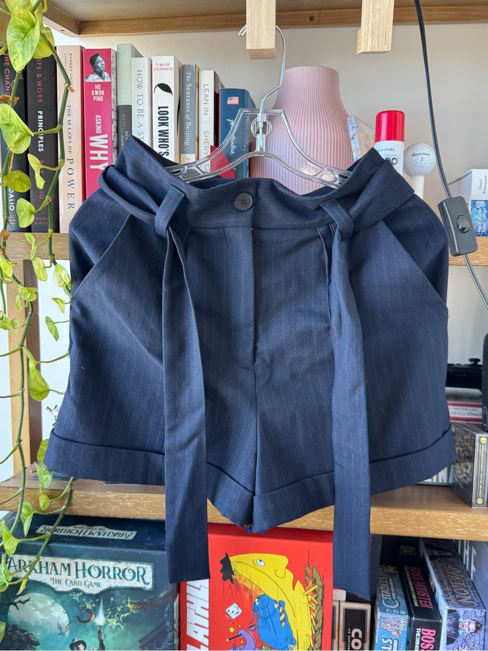 Maje Navy Shorts with Subtle Pink Pinstripes and Self-Tie Waist